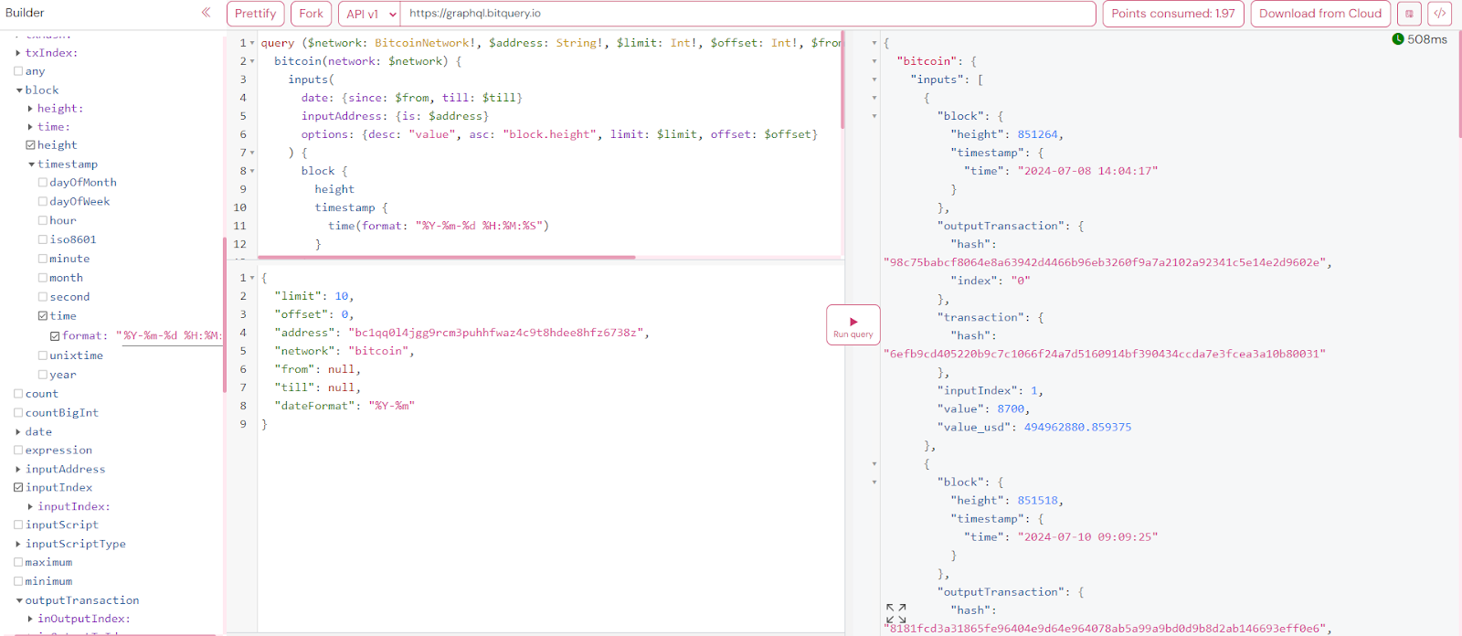 Bitquery GraphQL IDE running the BTC inflow query for the German government address, with results showing block heights, timestamps and a transfer of 8,700 BTC worth $494.9M