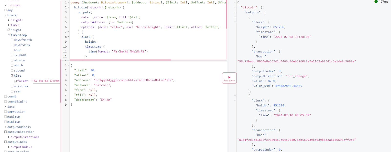 Bitquery GraphQL IDE running the matching BTC outflow query for the same address, returning outputs of 8,700 BTC worth $498.5M